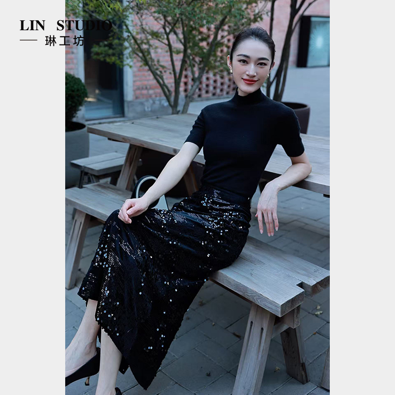 琳工坊“轻舟”黑色半裙丝绒亮片气质优雅显瘦时尚精致名媛唐琳设计