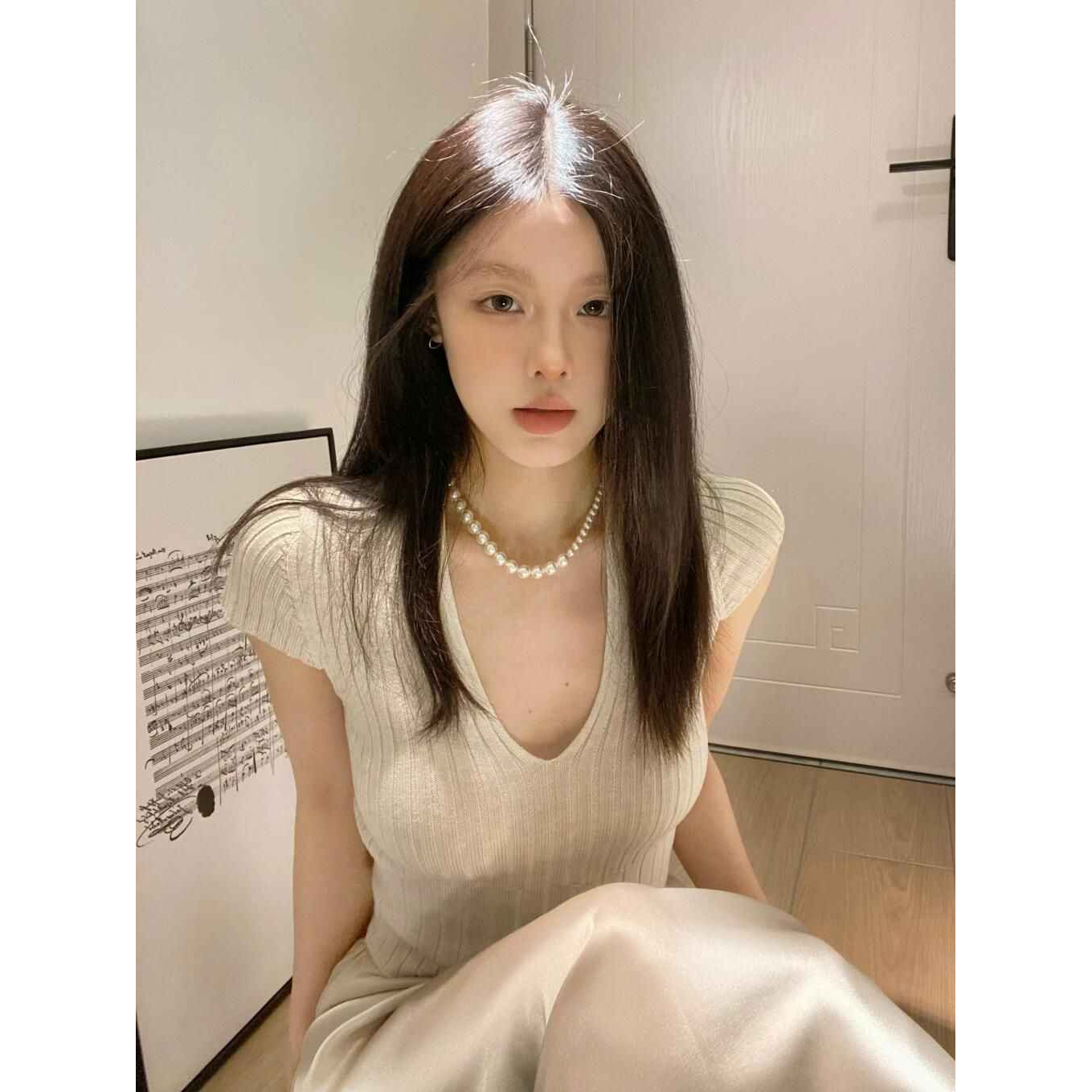 小香风正肩v领短袖针织衫T恤女夏季设计感小众纯欲风收腰修身上衣