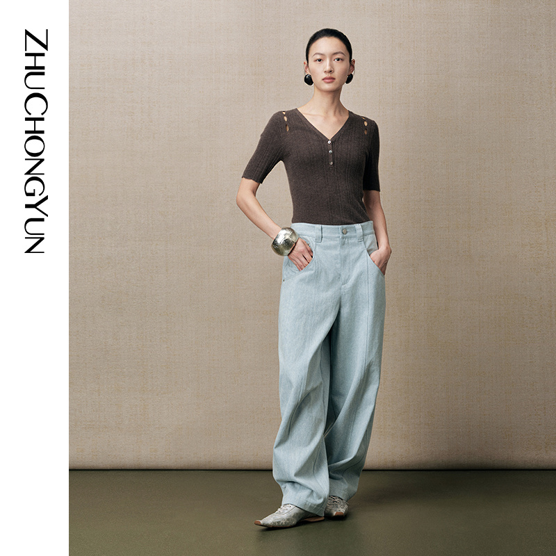 ZHUCHONGYUN2026春新款V领镂空修身短袖毛针织衫上衣CCGB1808M