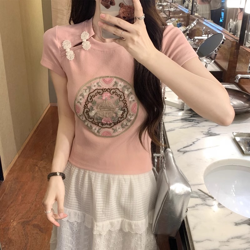新中式国风盘扣重工刺绣短袖T恤女2025夏季新款修身显瘦短款上衣
