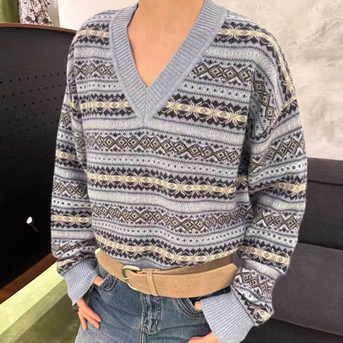 白标新款菲尔岛韩版时尚百搭显瘦长袖毛衣女宽松休闲上衣6035