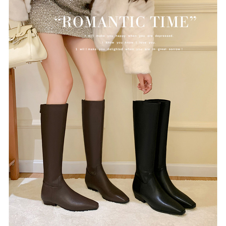 3cm【牛皮】时尚小方头时装靴秋冬平跟显瘦高筒靴长筒靴/大/小筒