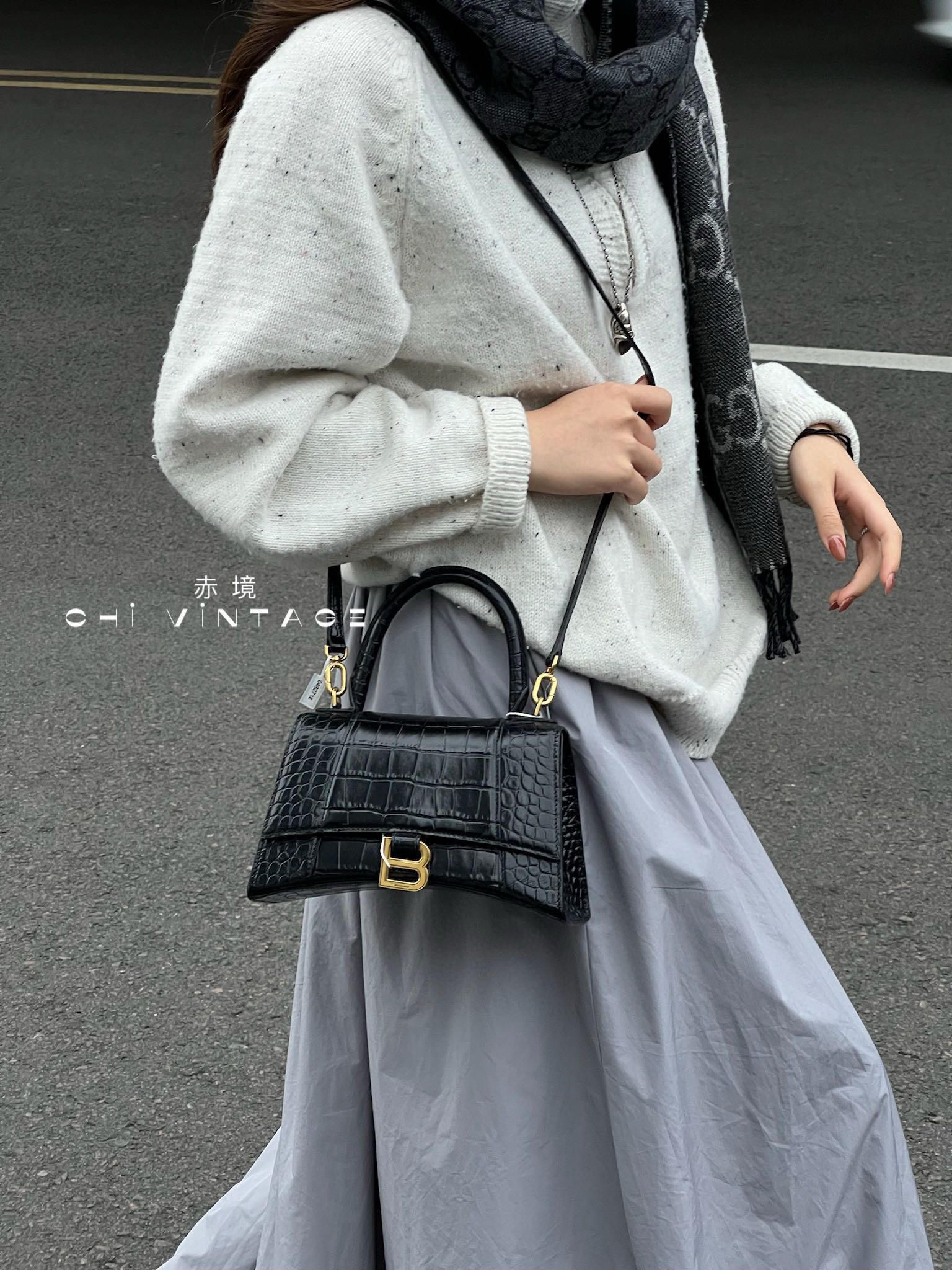 99新 Balenciaga/巴黎世家 2701 黑色鳄鱼纹S沙漏手提斜挎包