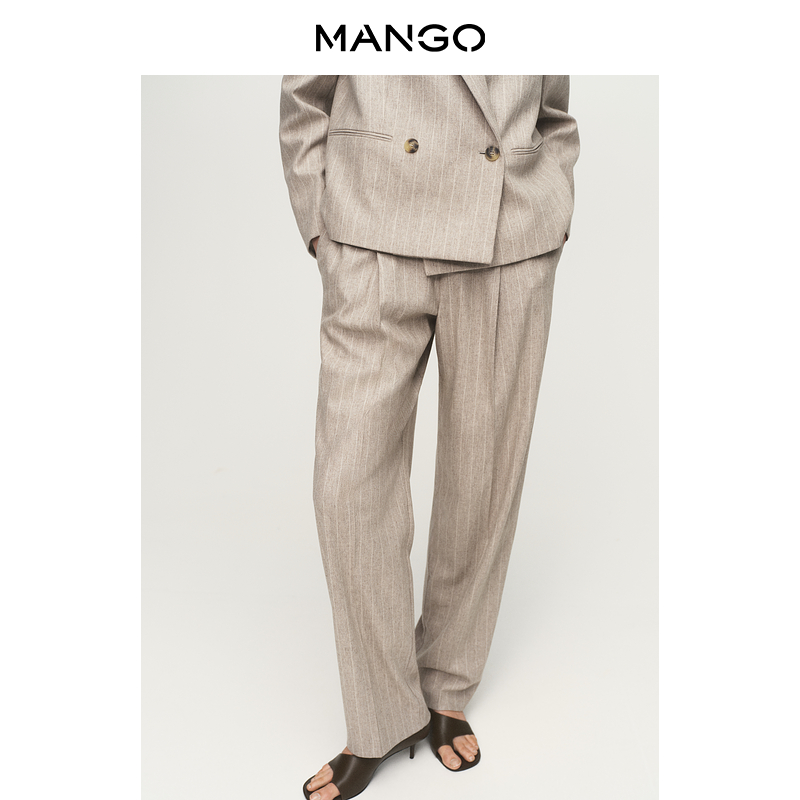 MANGO女装裤子2025秋装新款简约舒适直筒松紧腰竖条纹休闲长裤