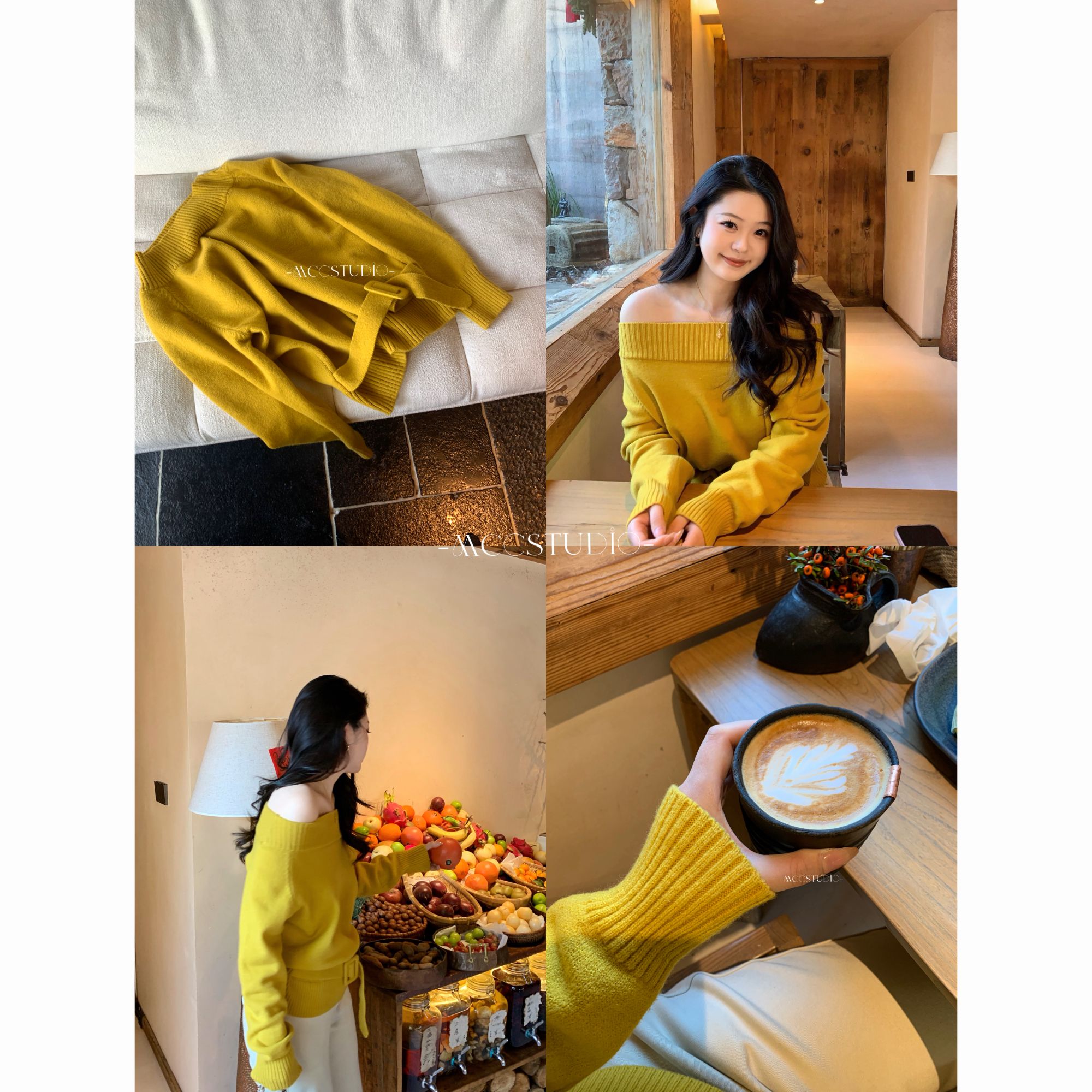 MCcStudio明媚黄玫瑰一字肩 收腰绑带厚实针织毛衣女#7791