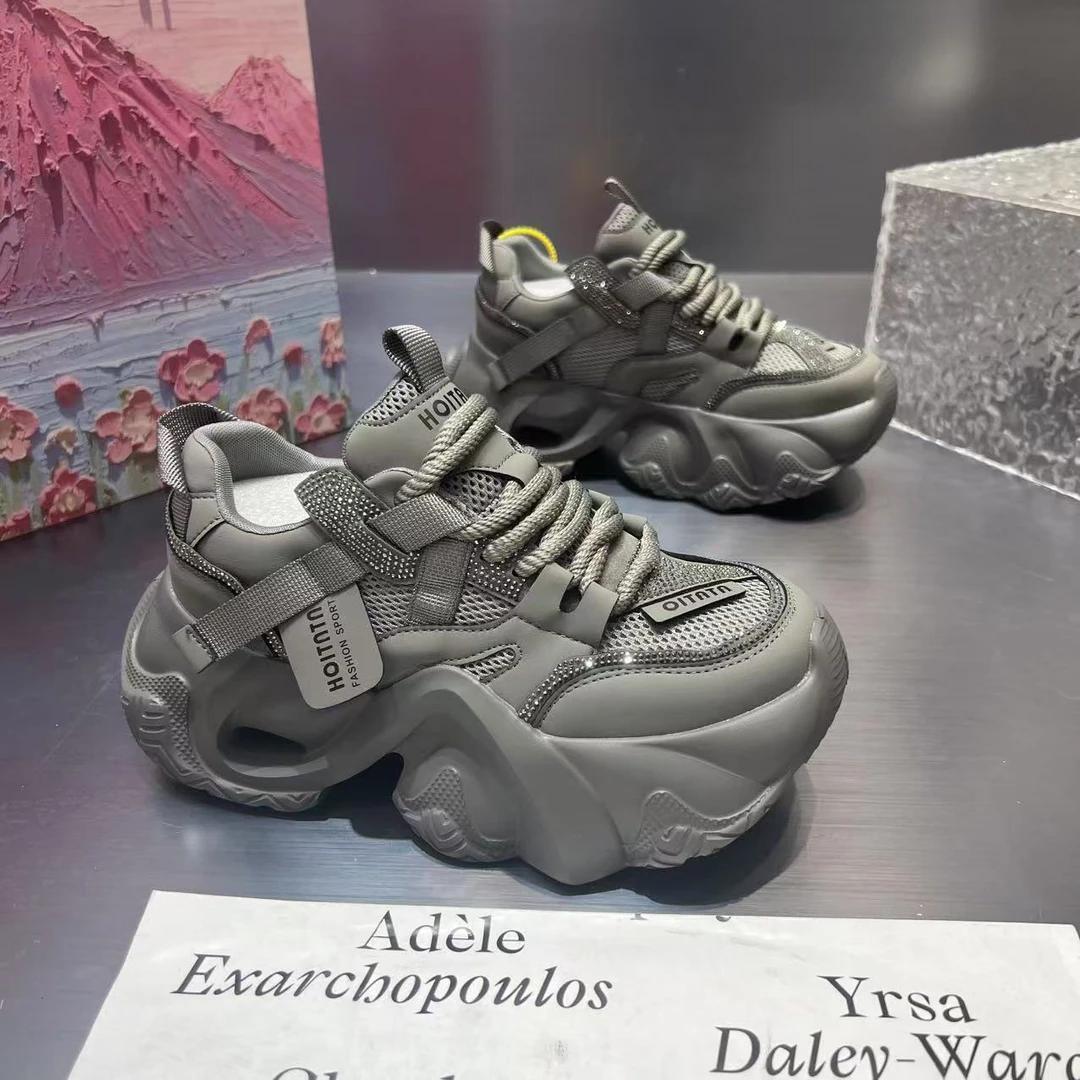 【kiko】厚底透气网面拼色水钻老爹鞋2025松糕底百搭休闲鞋 7791