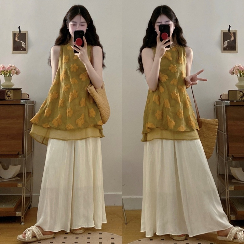 大码胖mm新中式复古刺绣提花无袖背心上衣半身裙子两件套装200斤