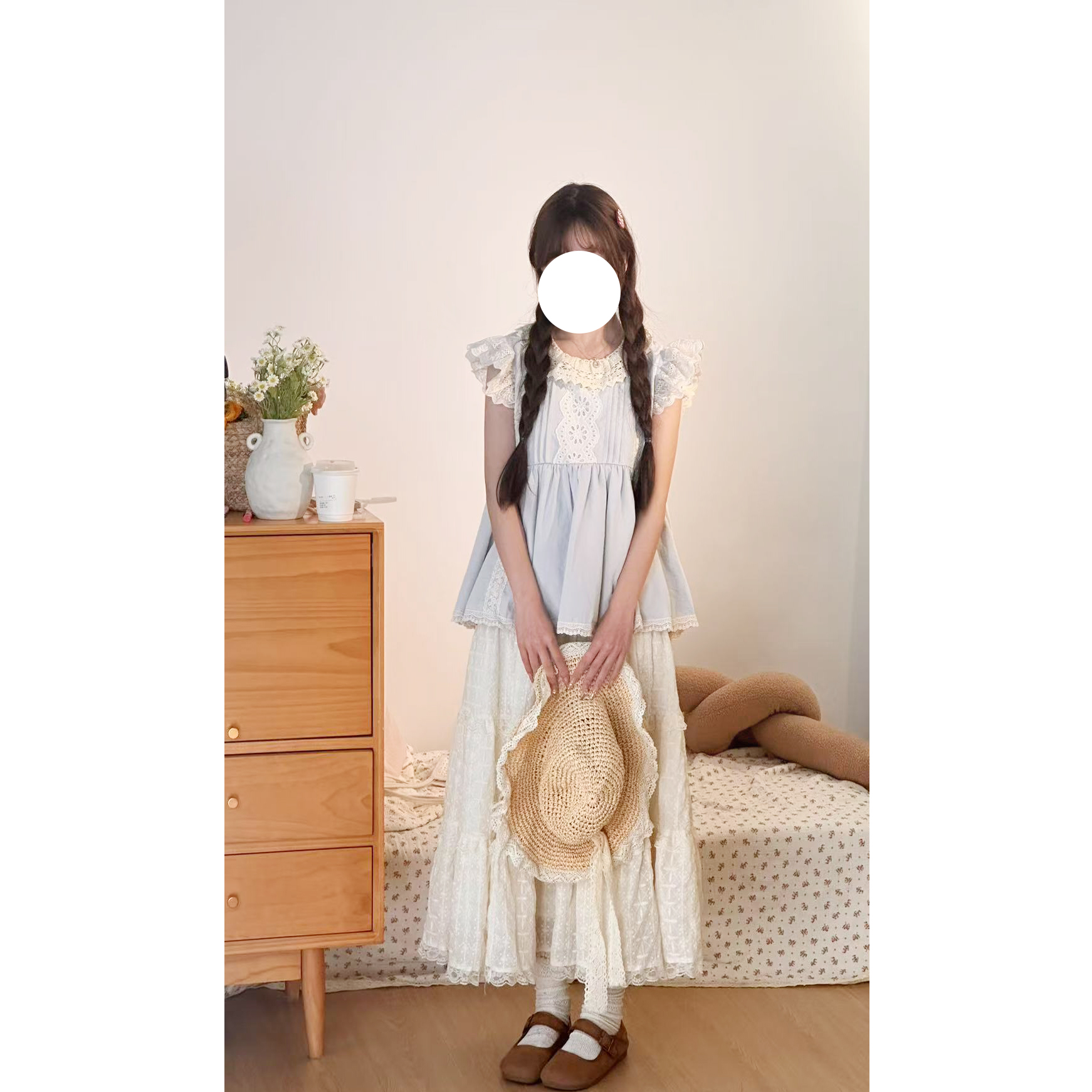 蓝色小飞袖上衣女夏季新款甜美收腰圆领小衫半身裙套装