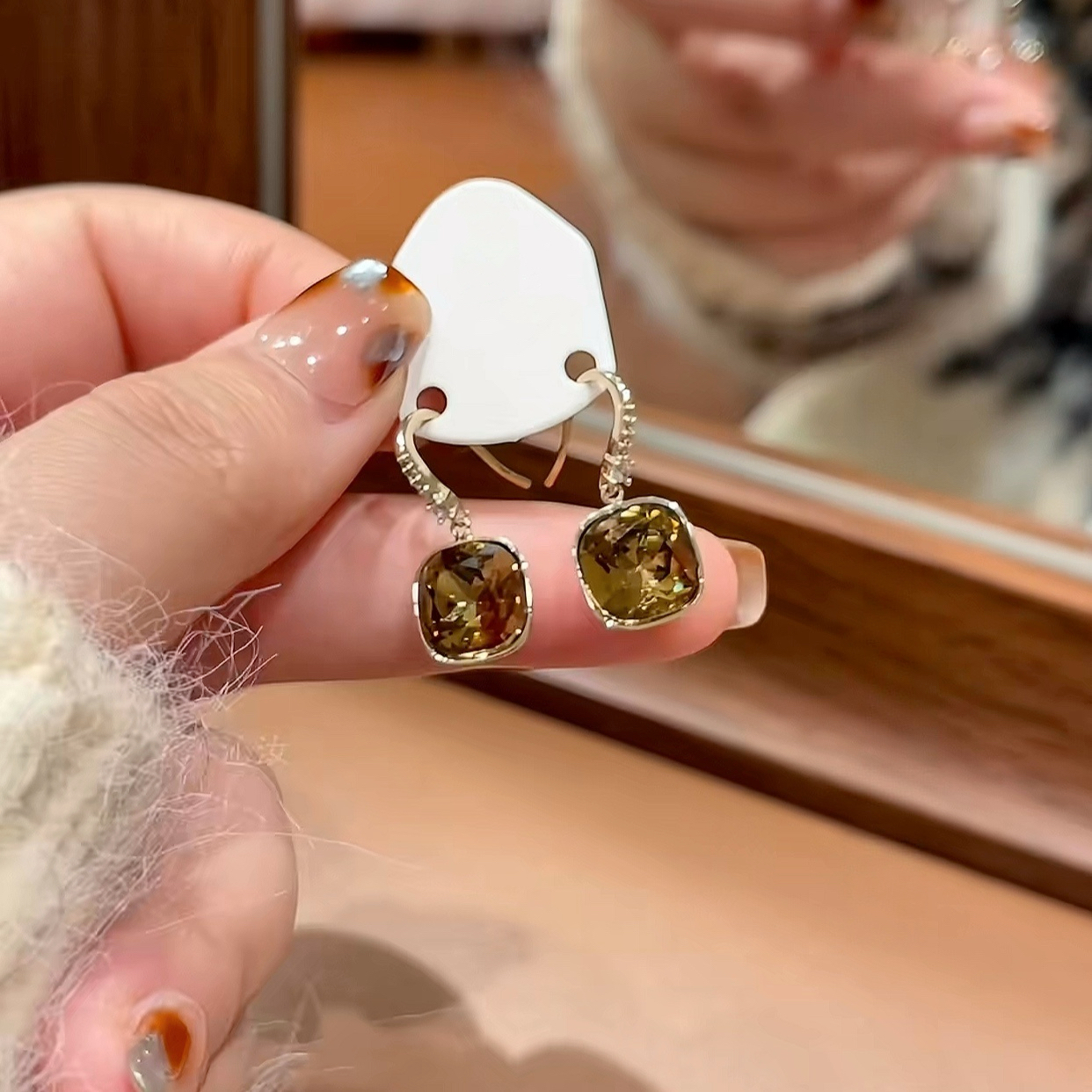 铜合金耳饰 D2232 S925银针茶晶方糖法式轻奢高级感甜美时尚耳饰