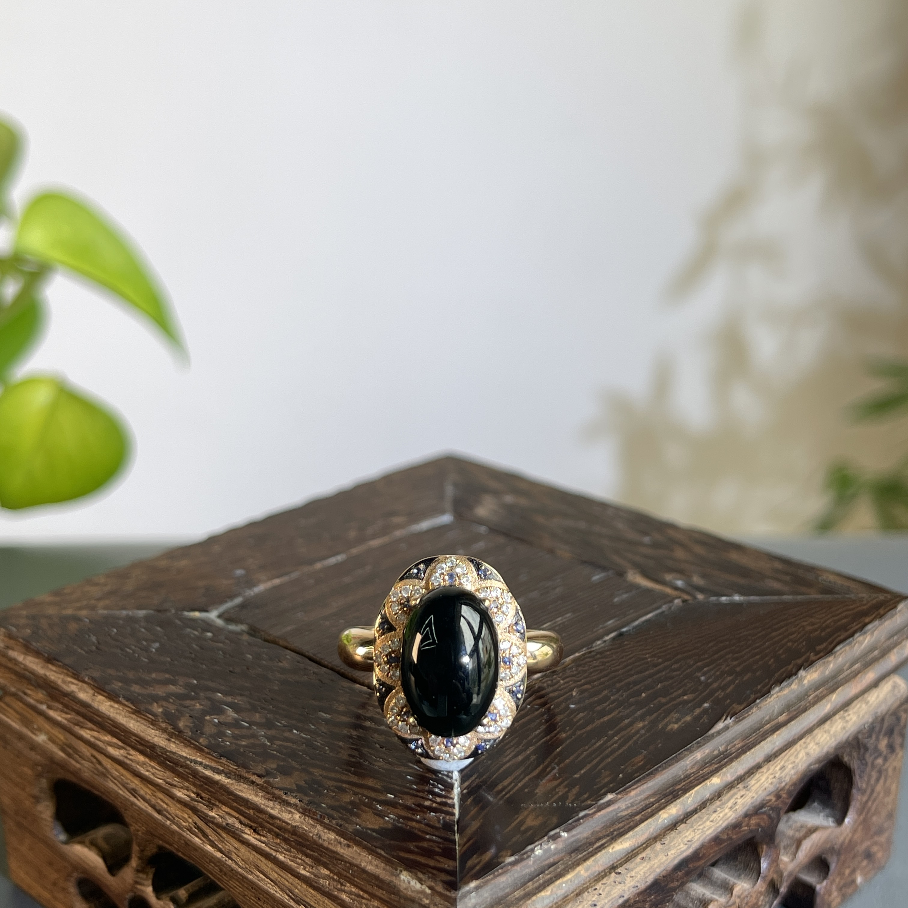 JCW23-157   黑色天然翡翠A货    黑-18K含钻镶嵌戒指22#