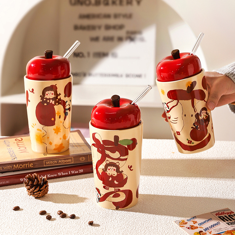 舍里圣诞节苹果马克杯带盖特别好看的陶瓷水杯咖啡杯办公室吸管杯
