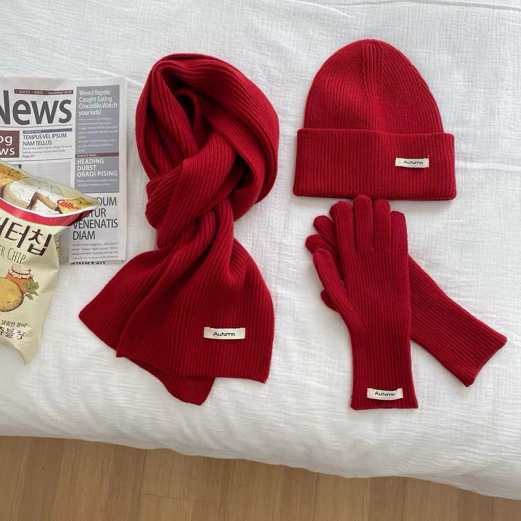 纯色针织帽子围巾手套套装女秋冬保暖护颈防风防寒加绒加厚毛线