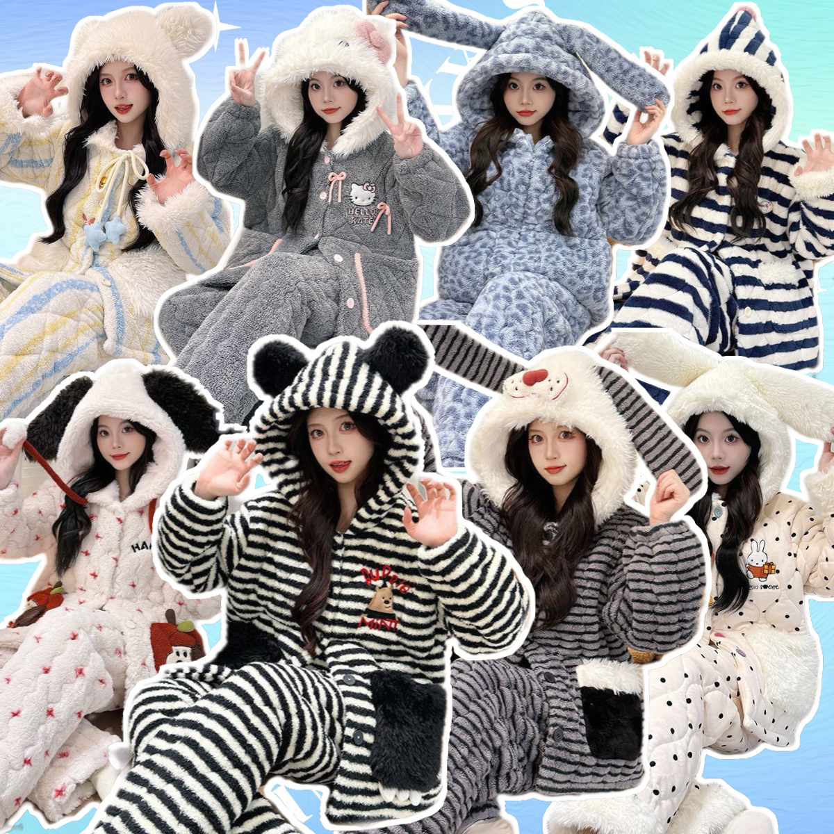 【5号链接】冬季三层夹棉加厚睡衣女韩版保暖家居服连帽大码新款