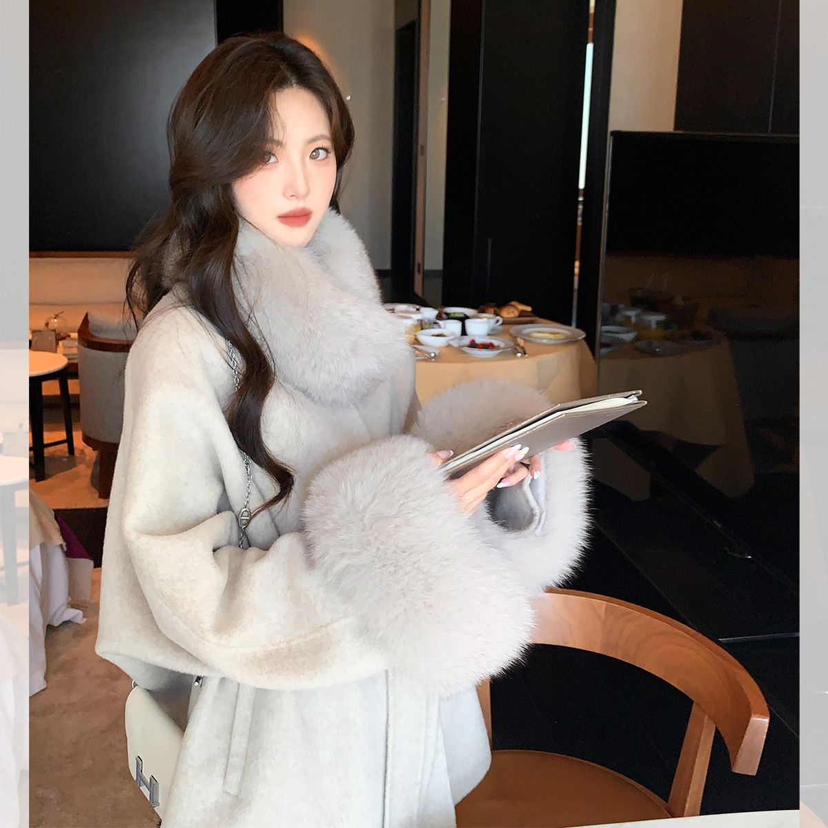 南山乔木2025秋冬新款大衣双面羊绒狐狸毛领千金风毛呢子外套短款