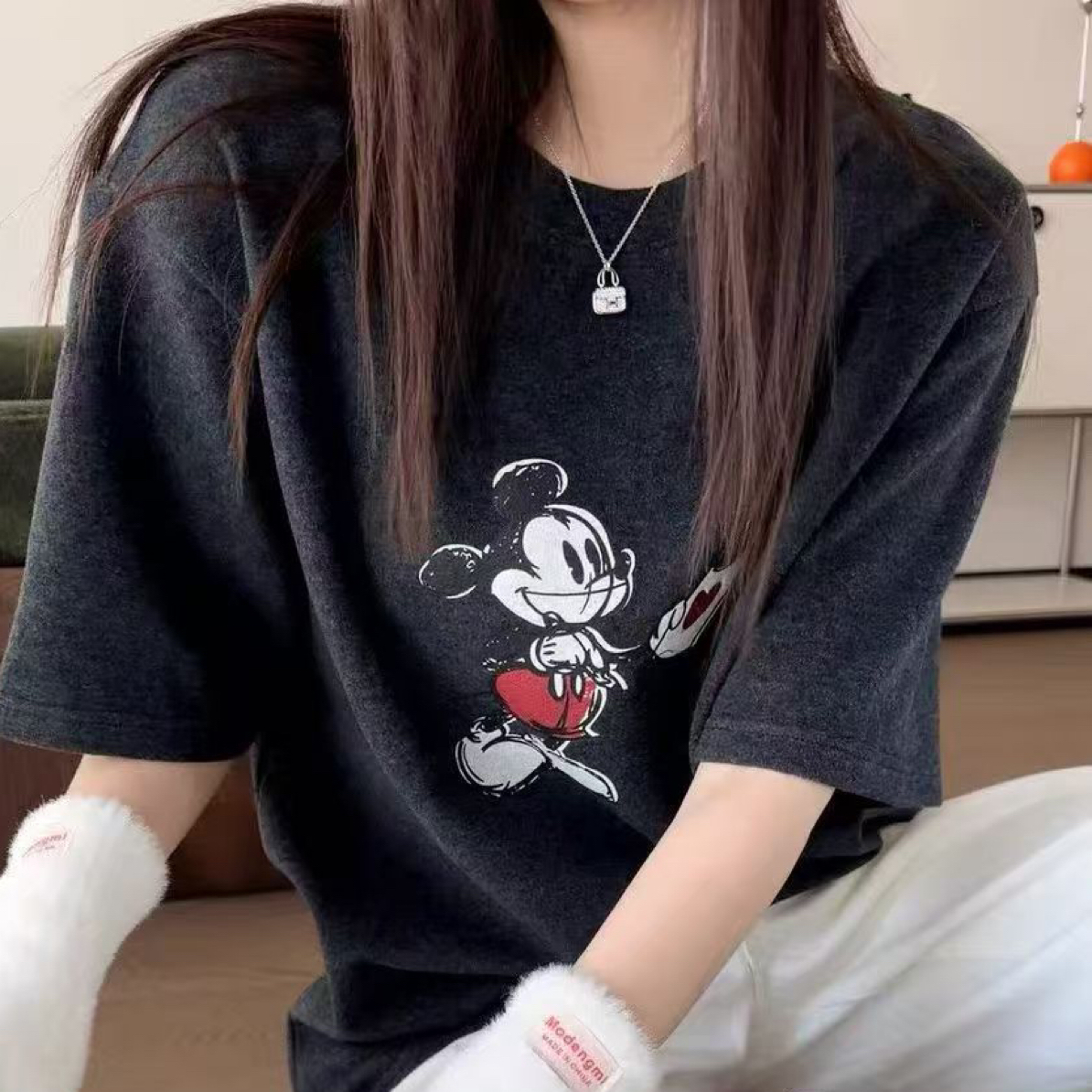2025冬季韩系高级感卡通米奇爱心印花德绒加厚短袖T恤10583#