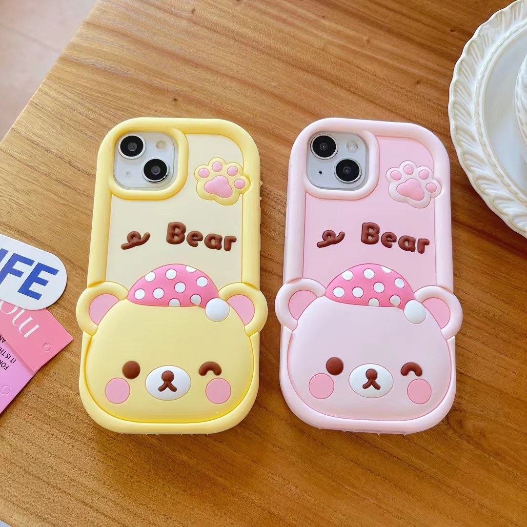 苹果|睡帽轻松熊可爱适用iPhone16可通创意立体防摔硅胶手机壳