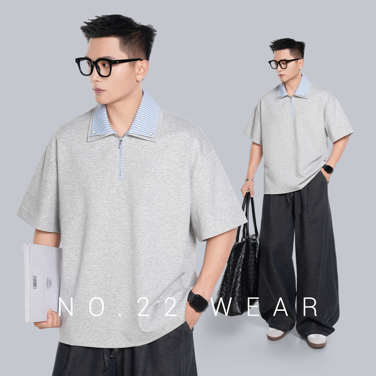 二十二号穿搭【贵公子双层领】夏季小众条纹撞色拉链设计款男Polo衫
