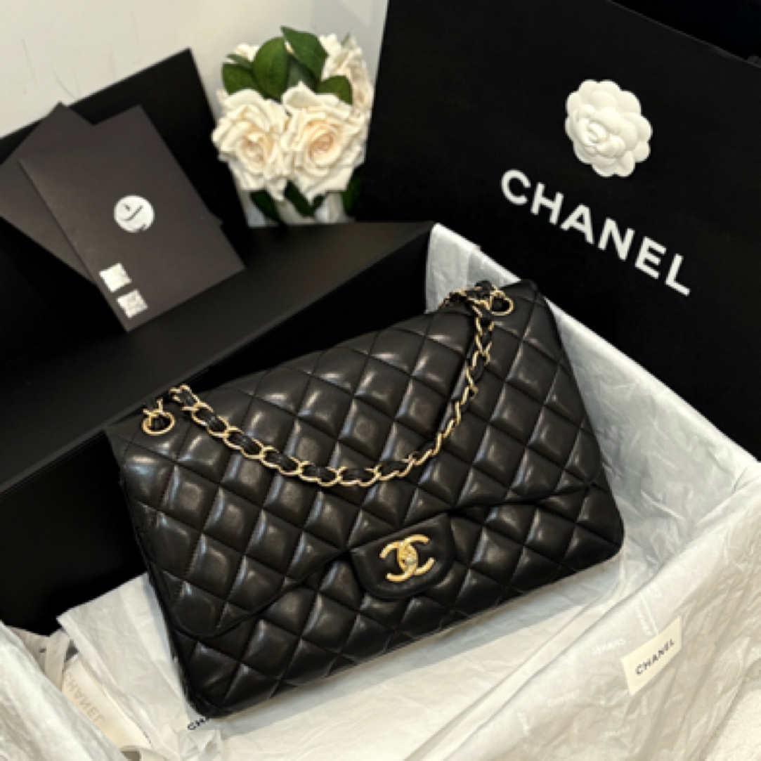 95新 Chanel/香奈儿 cf jumbo 大号 黑金 羊/JW0145
