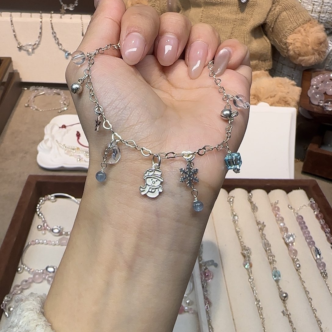 烟晶手链银S925镶嵌小雪人