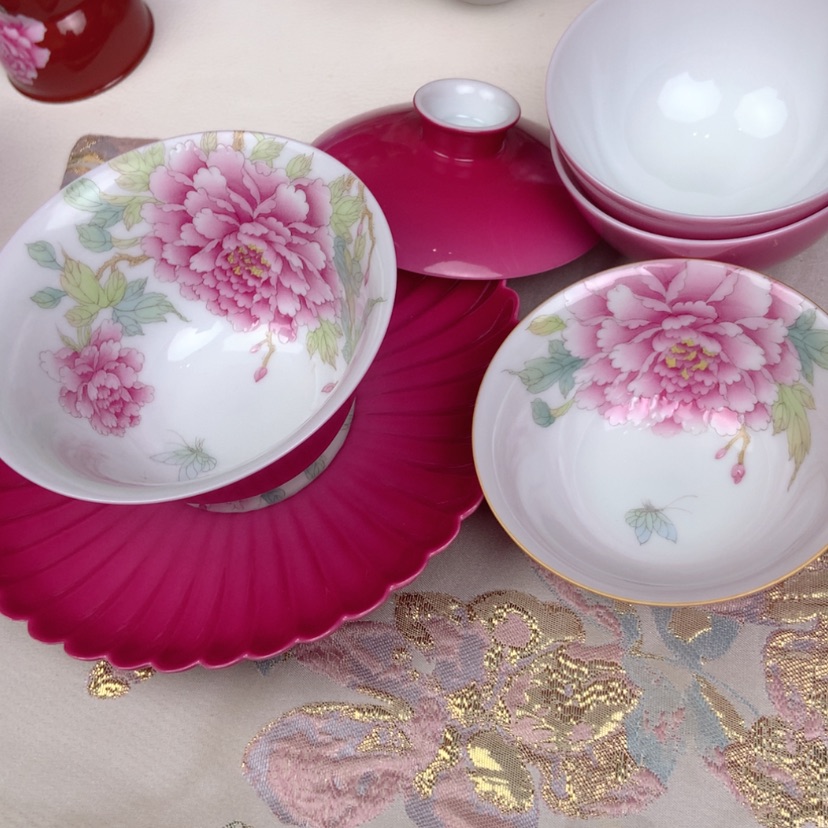 【闪购商品】婷盖碗牡丹继承牡丹三个杯子，一个有画