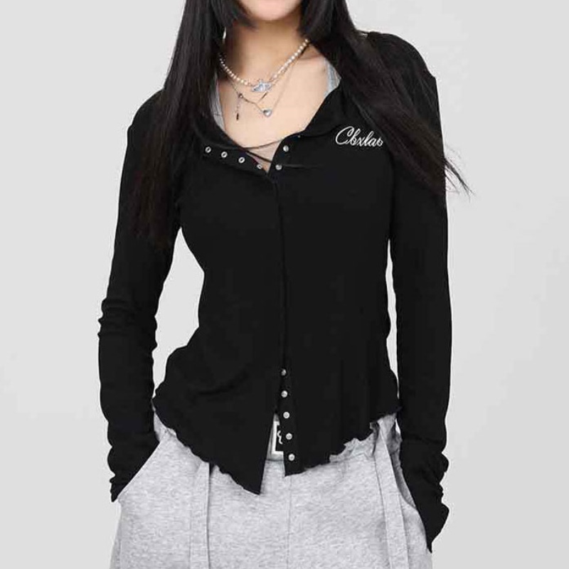  美式街舞辣妹爵士修身长袖上衣女kpop跳舞内搭短款刺绣性感小衫t