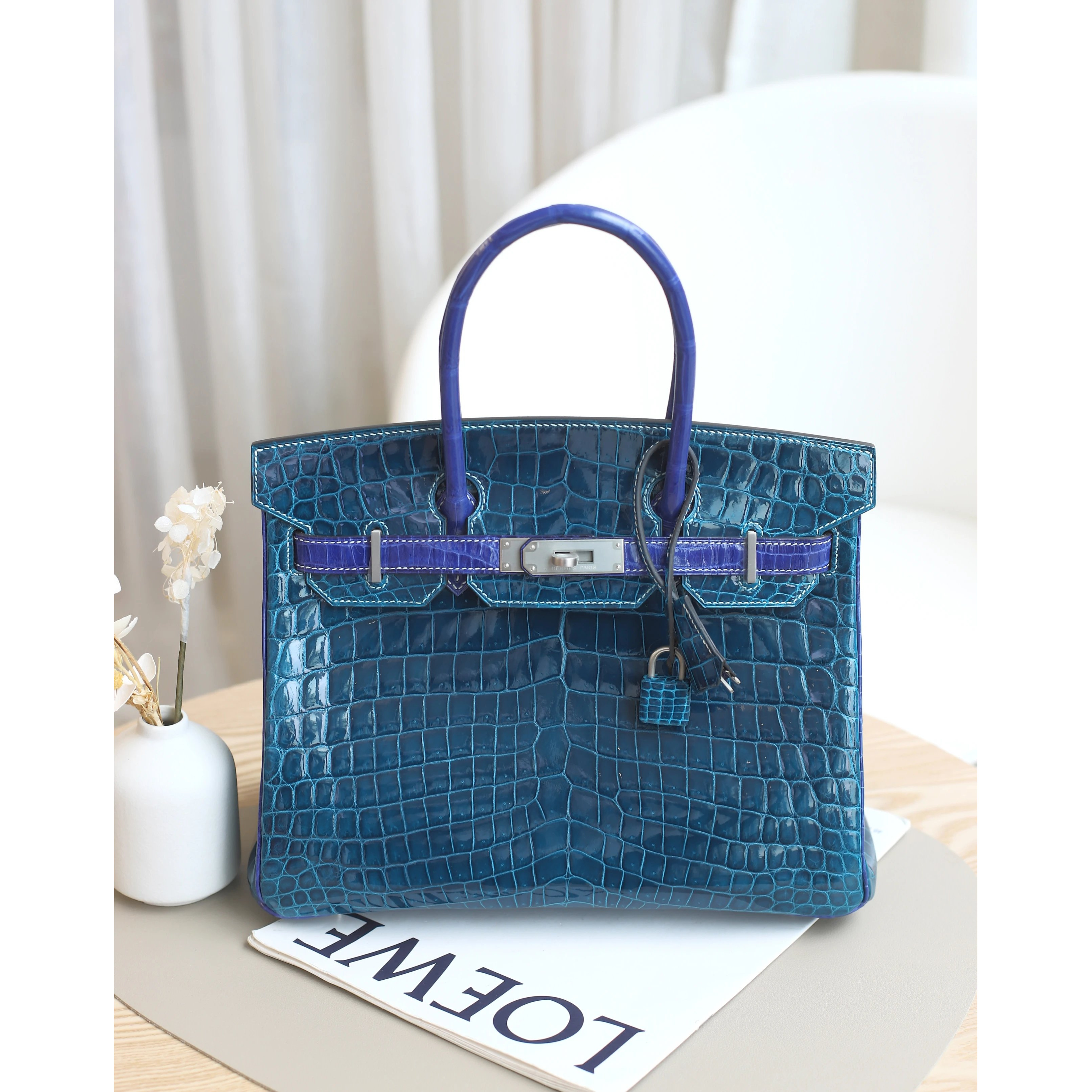 未使用 Hermes/爱马仕 Birkin30 框R刻鳄马蹄 海水蓝 电光蓝 银扣