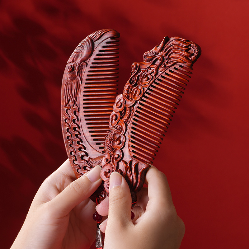 原森太高档紫檀木龙凤月梳喜镜套装中式结婚喜庆防静电礼盒装