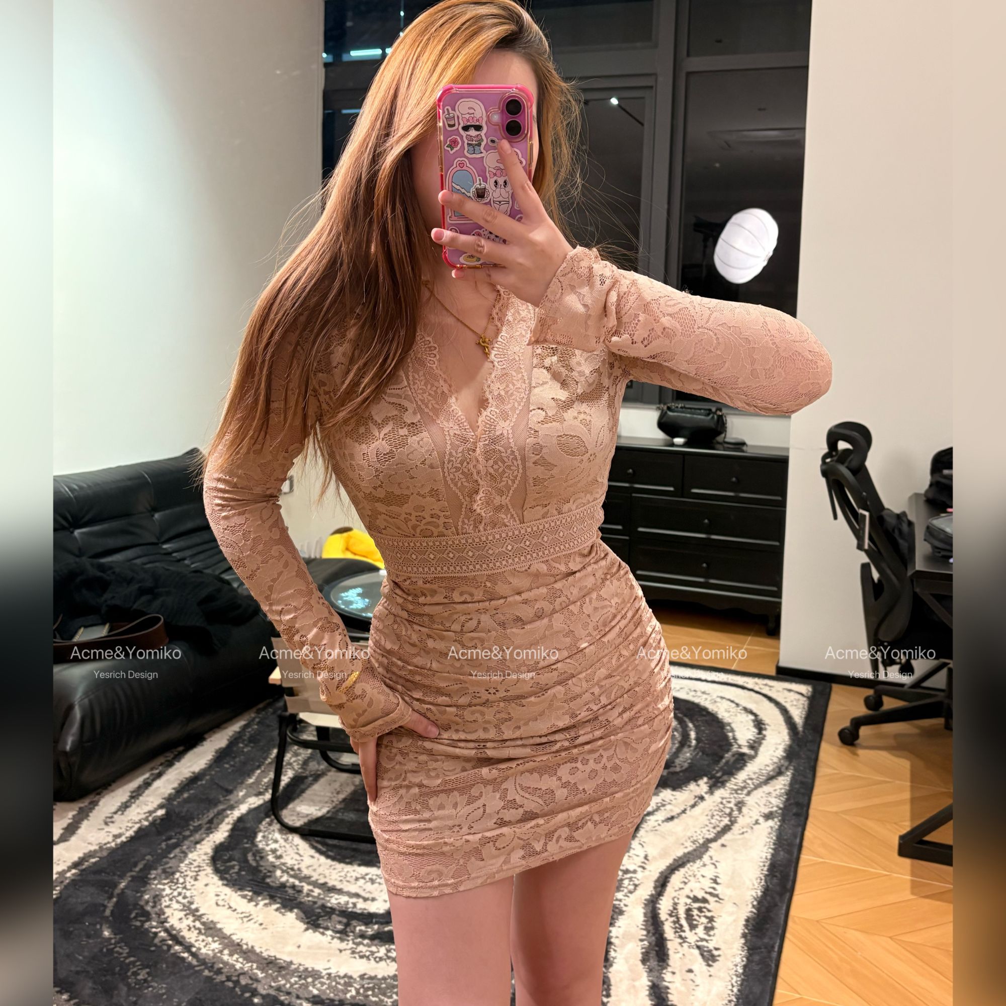 桃枝夭夭  法式蕾丝优雅千金风性感蕾丝拼接设计连衣裙G433/G437