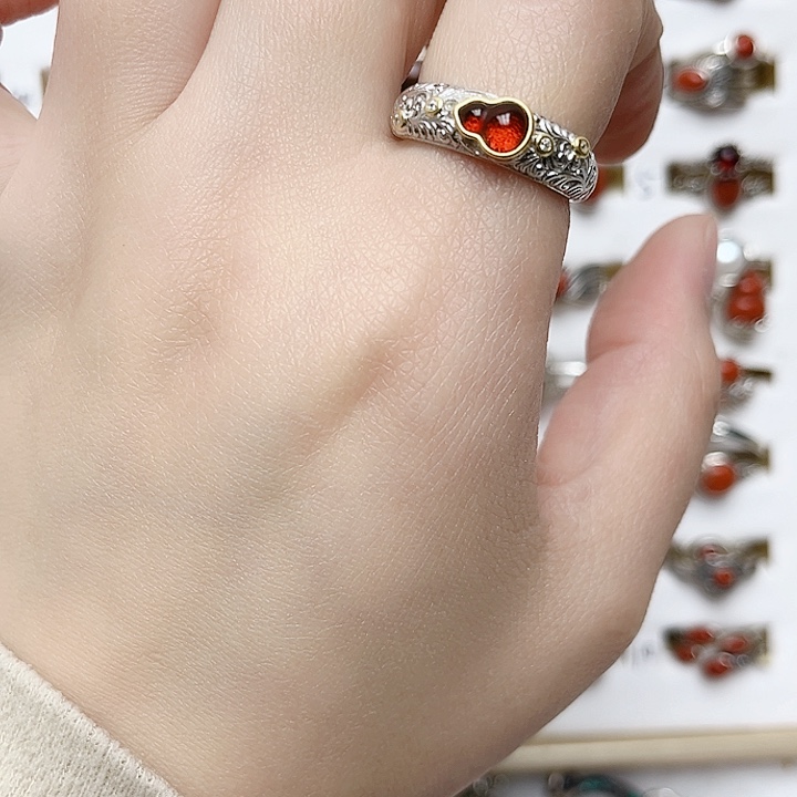 琥珀戒指银S925镶嵌天然