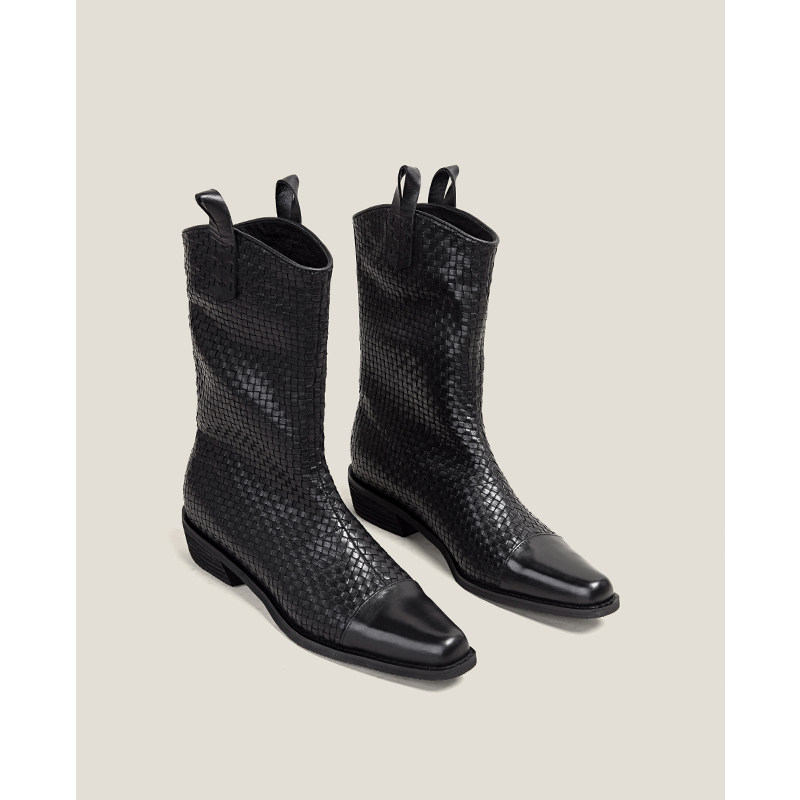 【×匠心编织】复古粗跟尖头西部牛仔靴女中跟V口短靴子