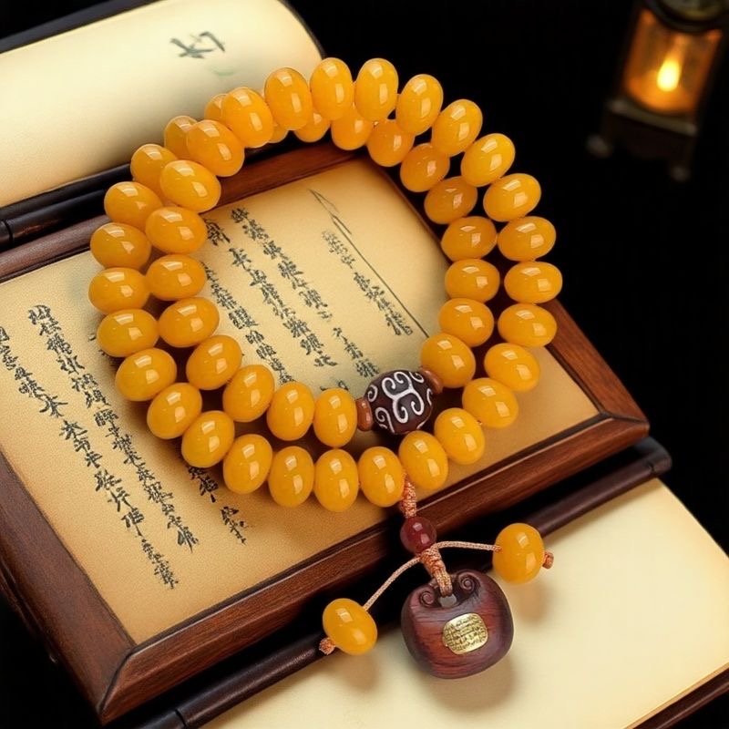 V93黄菩提算盘珠双圈福字小锁回纹珠11*7mm（无盒简装）