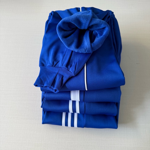 宝蓝色白杠加绒束脚秋冬季初高中小学生宽松校服裤子