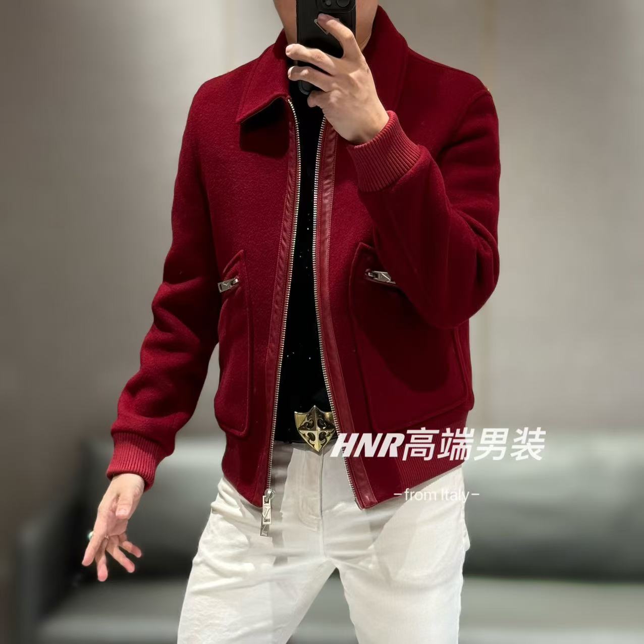 【全羊毛鹅绒拼真皮】纯色翻领简约时尚百搭男士羽绒服767