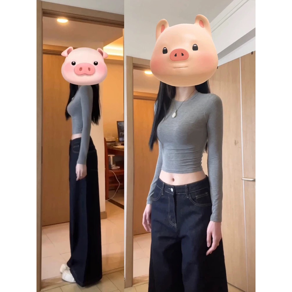 【运补6米】美式正肩紧身打底衫长袖t恤女秋季内搭显瘦辣妹短款上衣