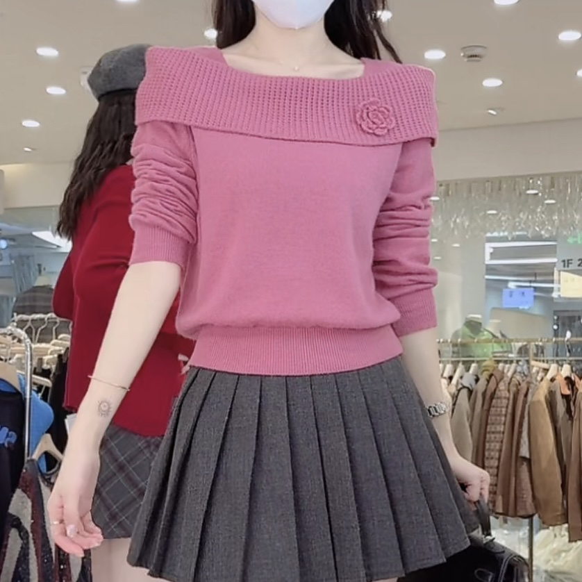 2025新款法式温柔气质一字肩毛衣女样品时尚显瘦纯色打底4037