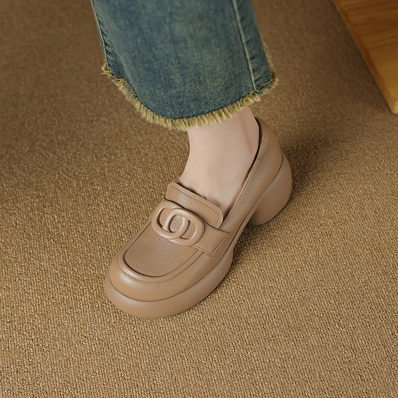 羊皮7公分/气质圆头英伦风高跟乐福鞋女春季厚底休闲中口通勤单鞋