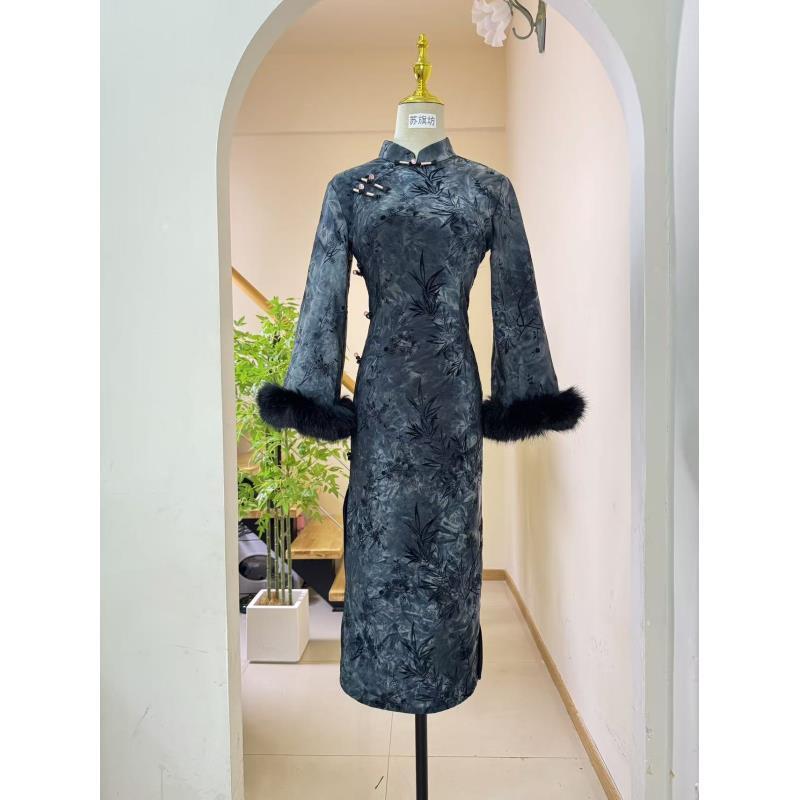 苏故里【绿绮】新款冬款加绒加厚保暖气质显瘦中长款旗袍新中式国风