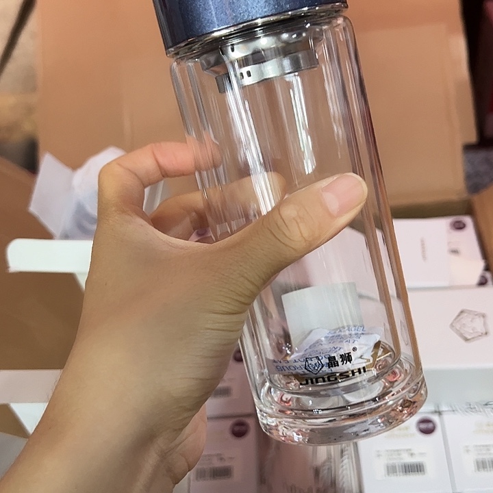 晶双层玻璃杯340340蓝色玻璃杯提环➕杯套