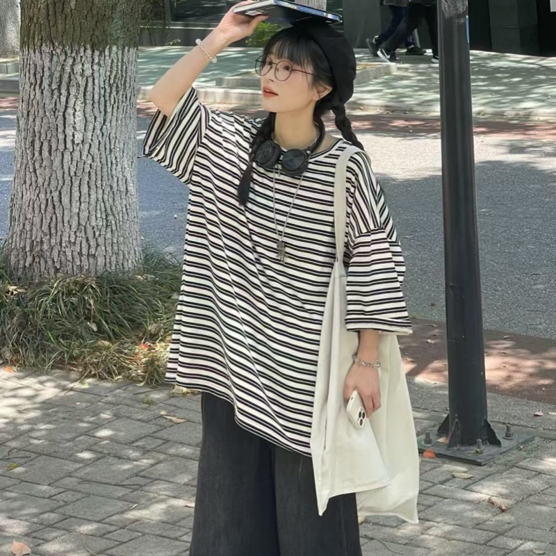 夏季新款简约宽松复古慵懒风百搭条纹半袖中长款短袖T恤9128款