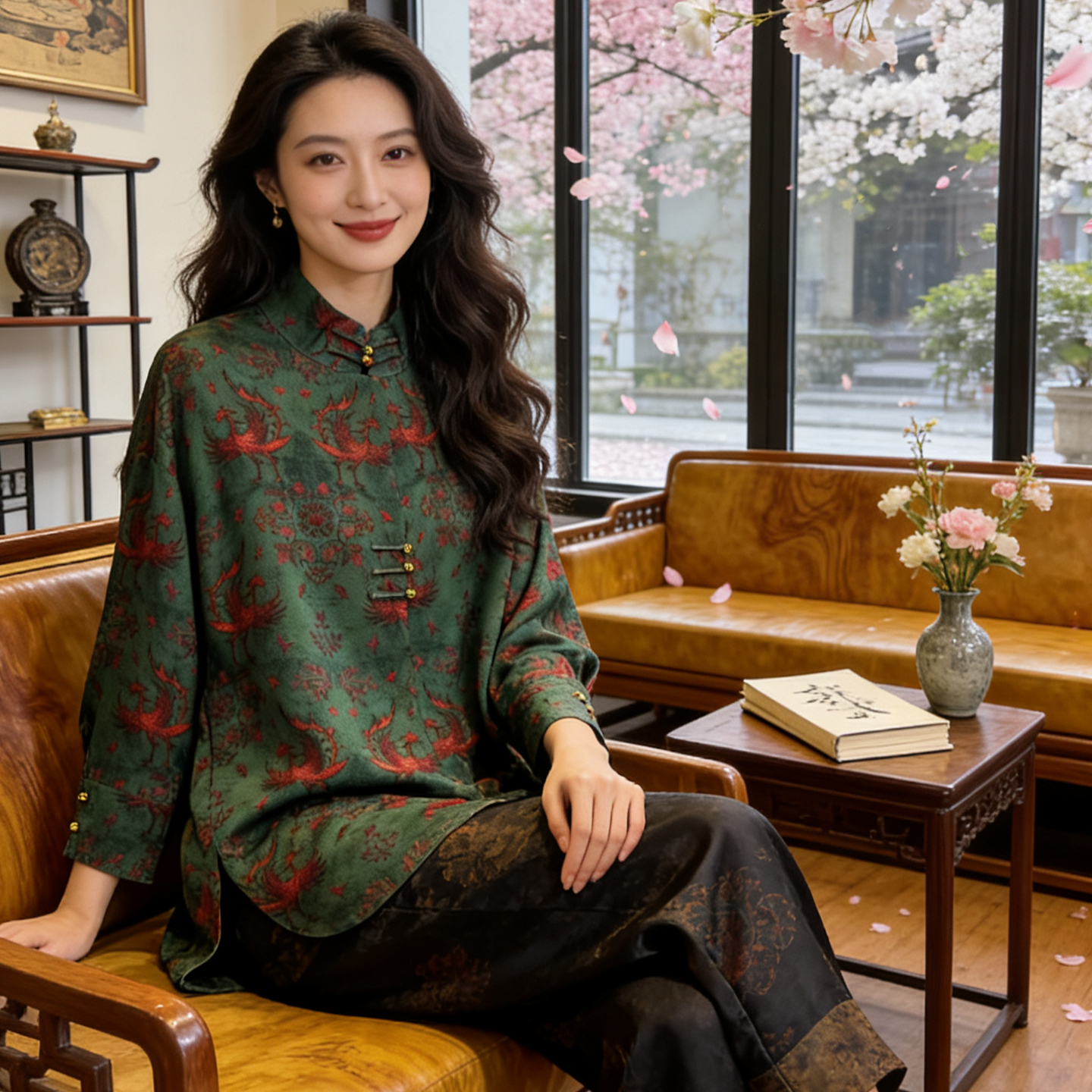 H25293真丝香云纱提花绢纺长款春季复古民族风宽松立领上衣