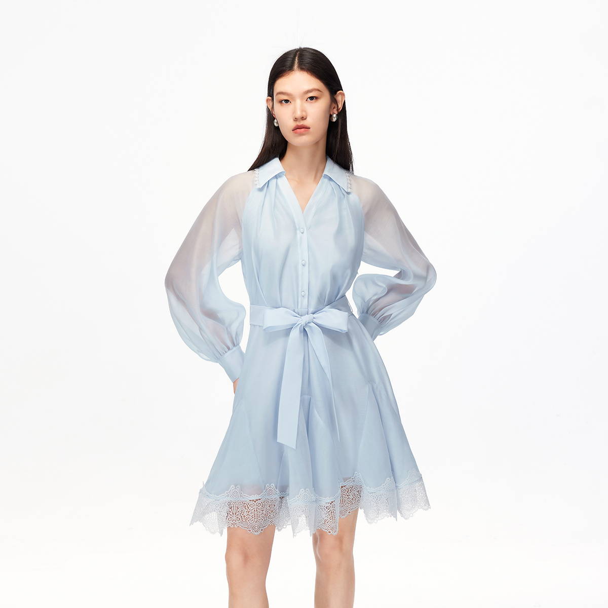 Vero Moda连衣裙2025纯色腰带蕾丝饰边高腰短裙甜美可爱风格衣服