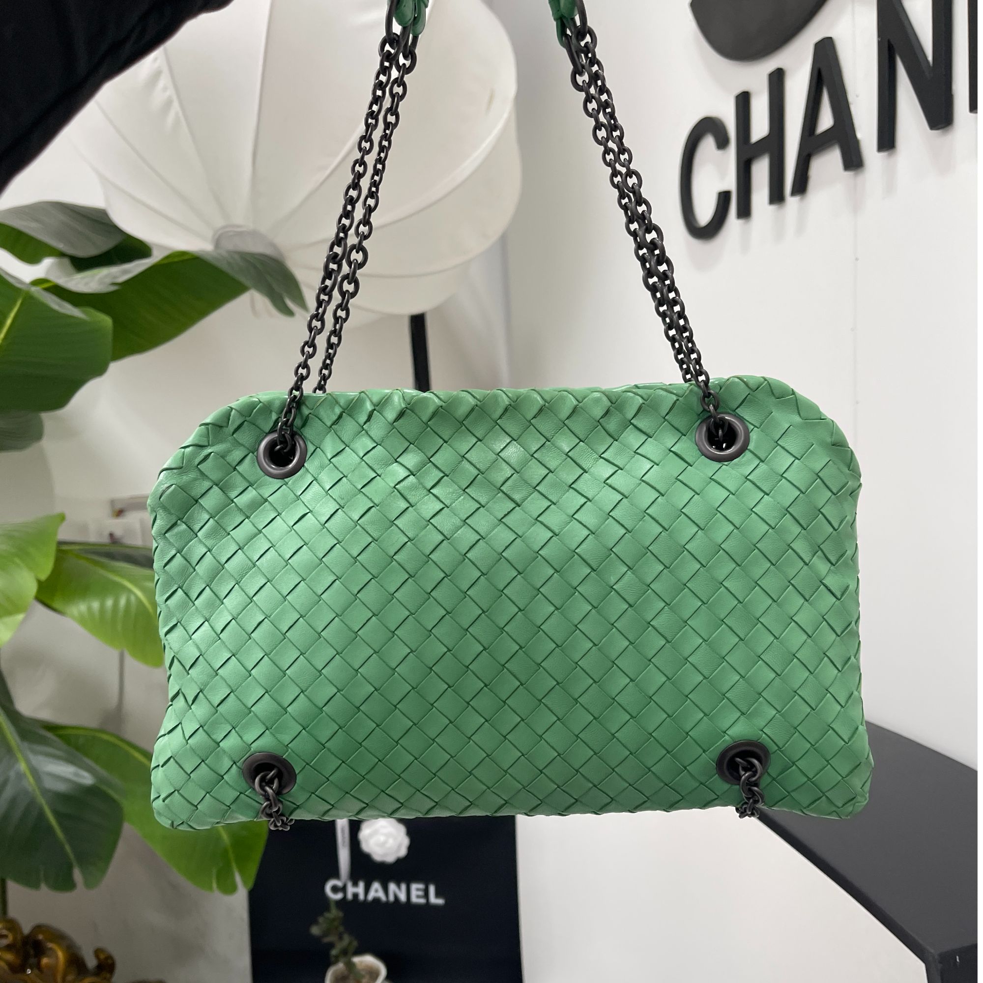 95新 BOTTEGA VENETA/葆蝶家 95新/马卡龙绿编织/单肩时尚女士包