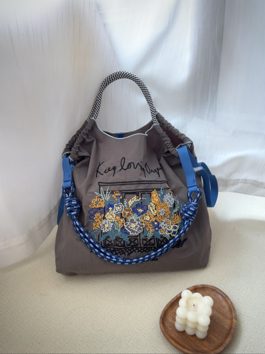 日系门庭窗花刺绣大容量防水尼龙环保购物袋通勤手提单肩斜挎包