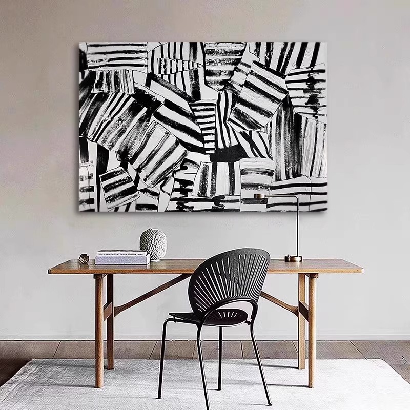纯手绘油画【线条之美】极简黑白灰抽象画玄关客厅壁画肌理简约挂画