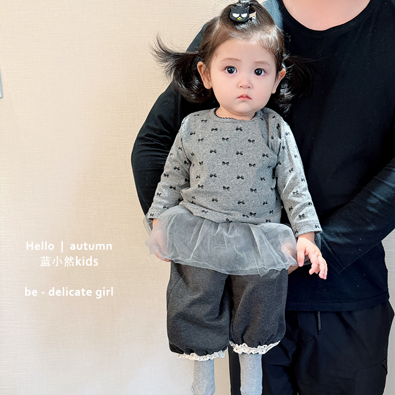 K25Q112女童春秋韩版长袖T恤女宝宝洋气蝴蝶结印花上衣婴儿打底衫