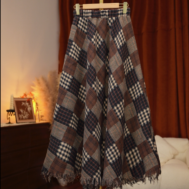 秋冬复古新款气质时尚A型中长裙条纹格子高腰半身裙C1199