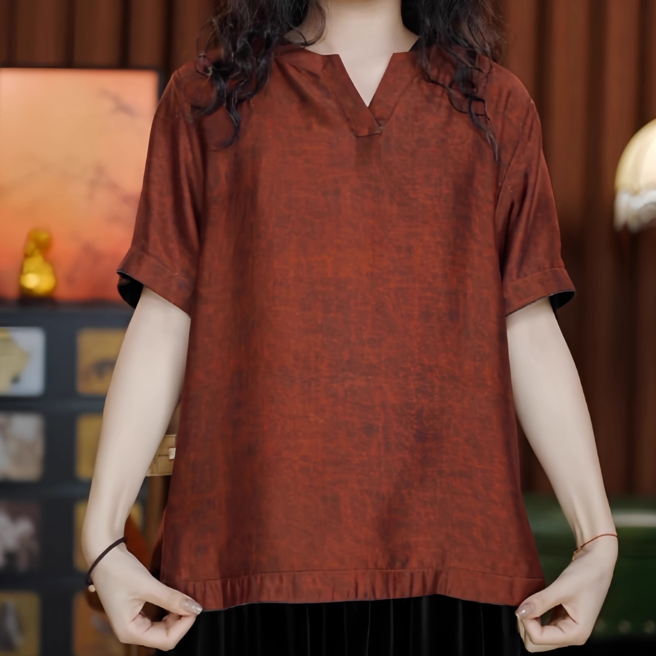 山如画（黑红色）双面双穿短袖老料提花领女装新款短款上衣