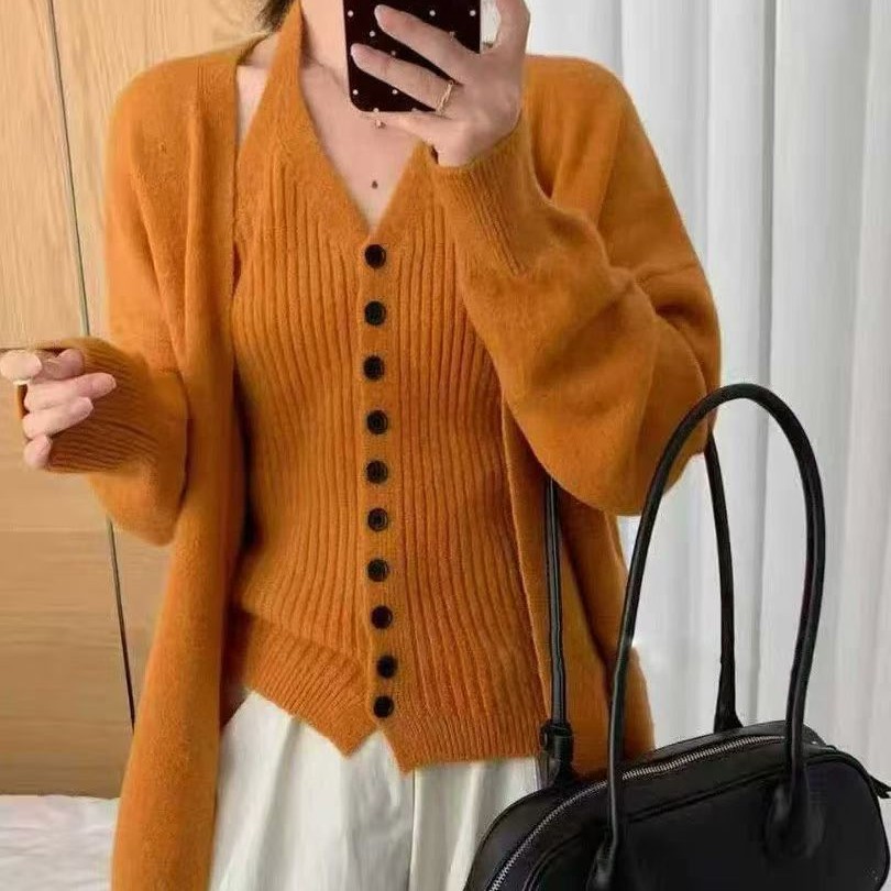 A1韩系气质慵懒针织开衫外套吊带背心两件套秋冬高级感软毛衣套装