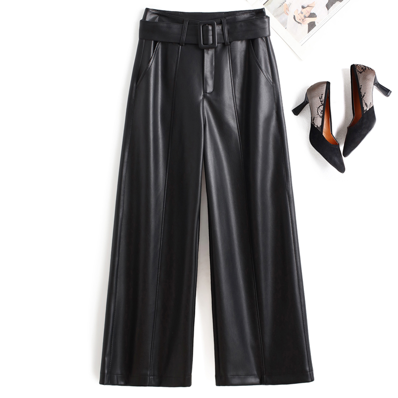 真皮九分阔腿裤高腰气质休闲直筒长裤垂感百搭宽松