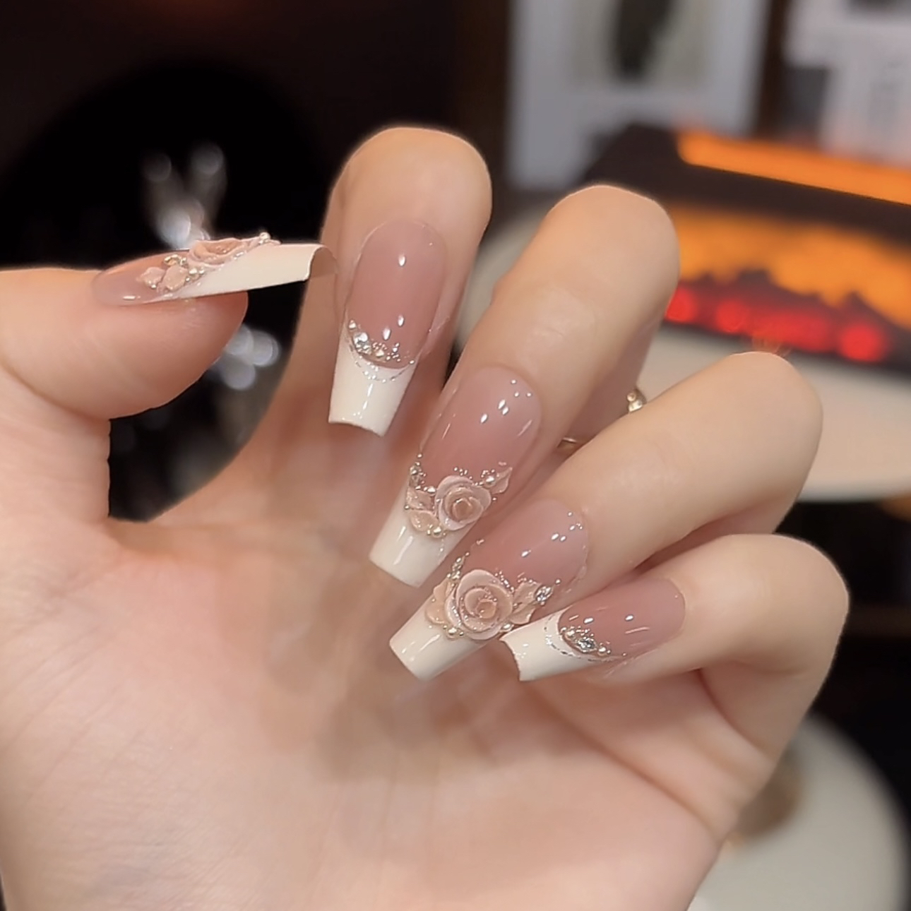 【雪山玫瑰-手工雕花】鹿鹿家-纯手工穿戴甲纯手雕玫瑰手绘法式X